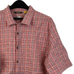 Cabelas Mens L Coolmax‎ Fishing Hiking Cotton Blend Button Up Red Gray Plaid